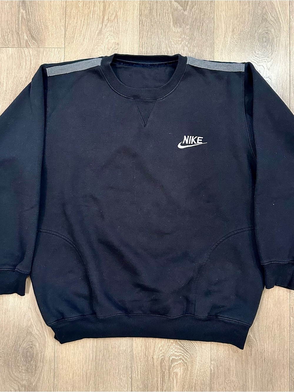 Vintage 90s Nike Black Crewneck Sweatshirt with Gray Shoulder Stripes Size XL